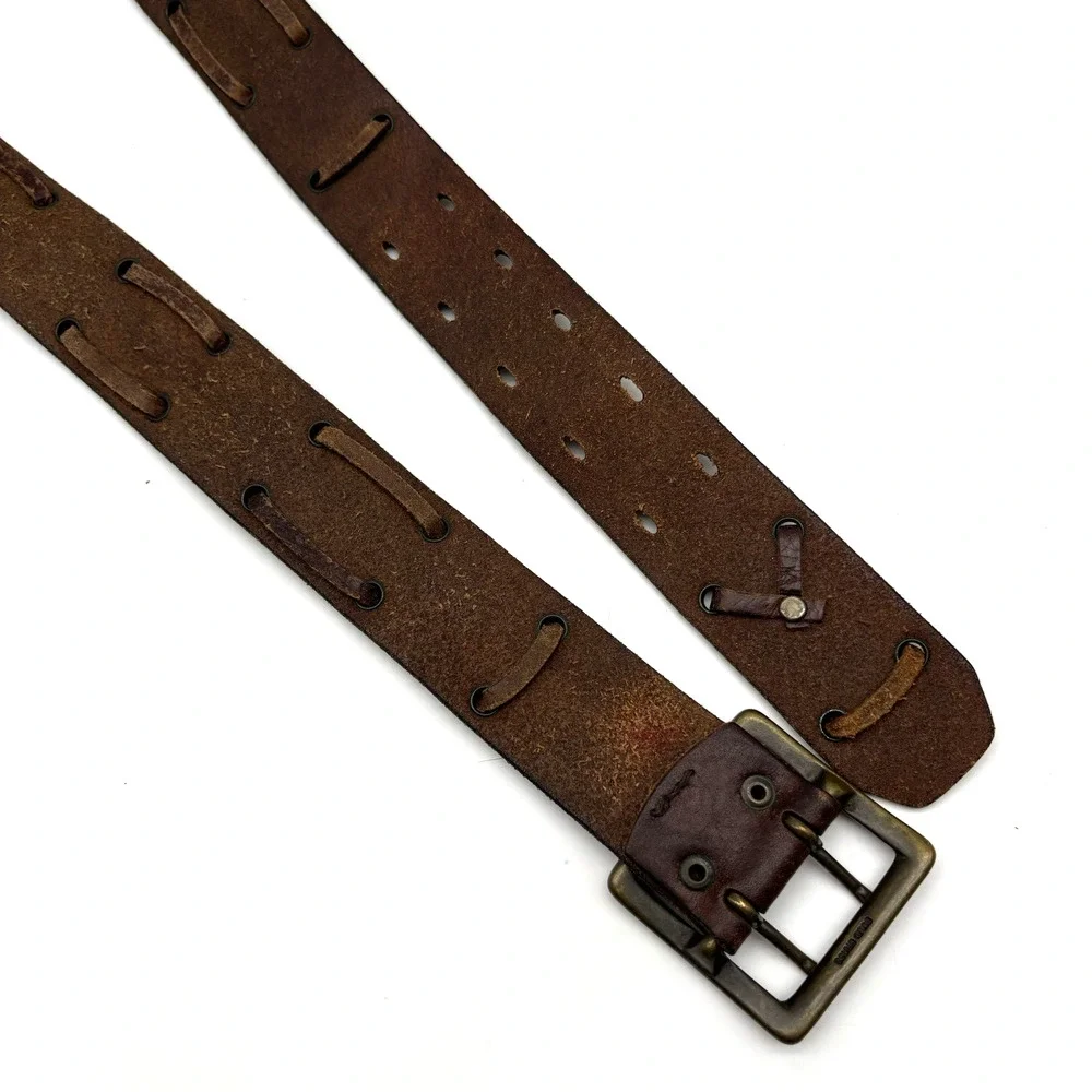 Vintage Y2K American Eagle Brown Leather X-laced Double Prong Belt M 32-36
